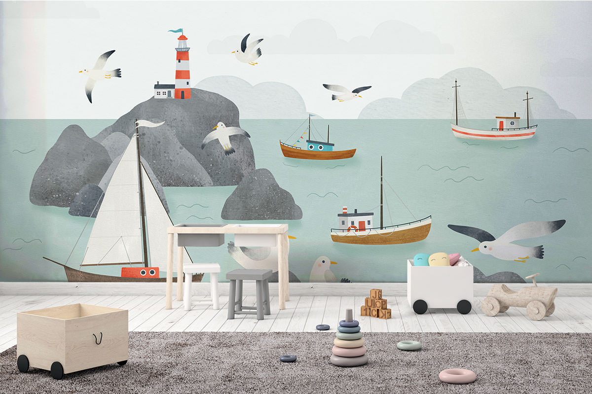 Superfresco Easy Winkel -Superfresco Easy Winkel Behang kinderkamer Meeuwen boven de zee Multi color